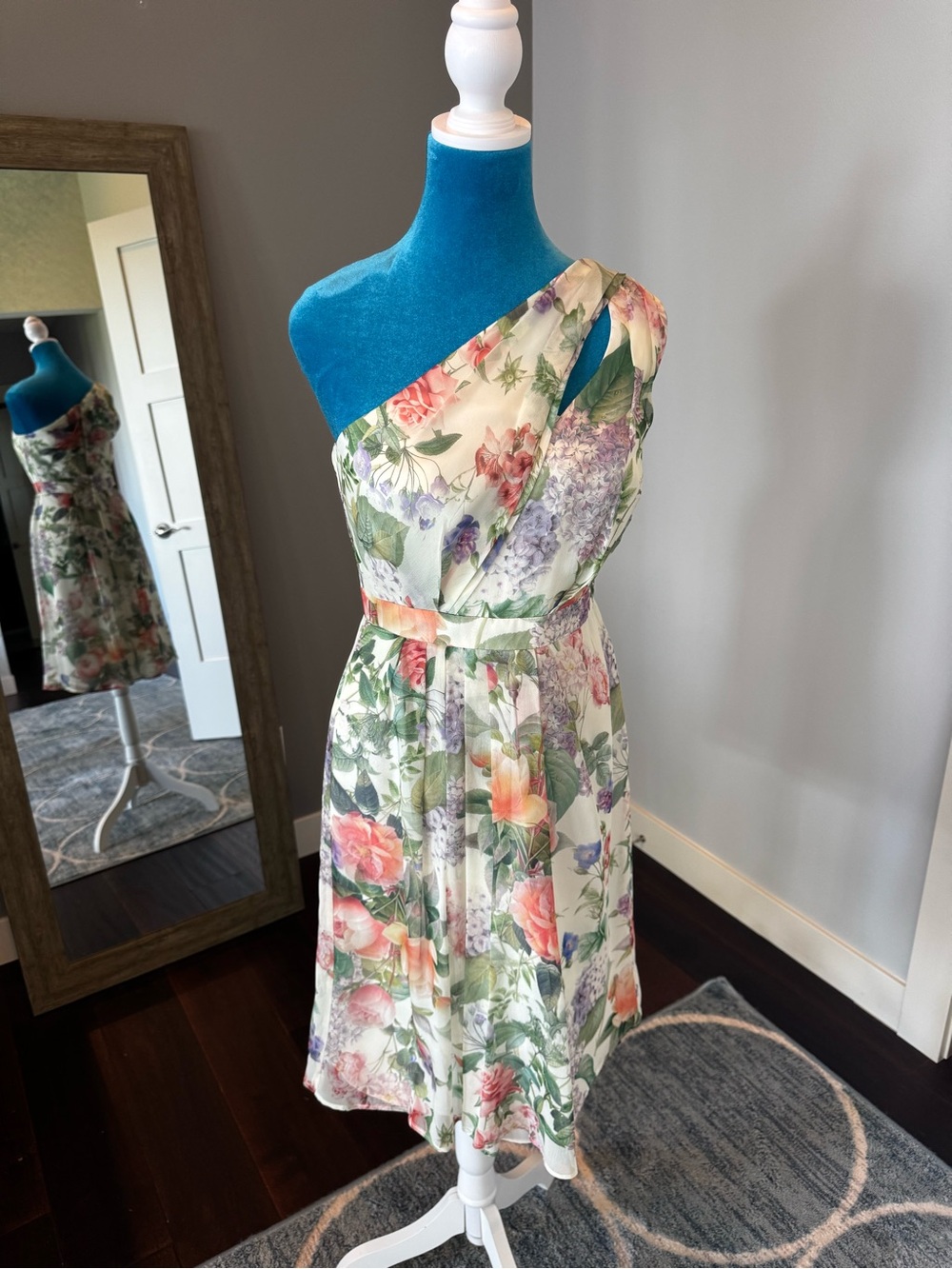 David's Bridal One-Shoulder Floral Midi Dress in Cream with Pastel Blooms